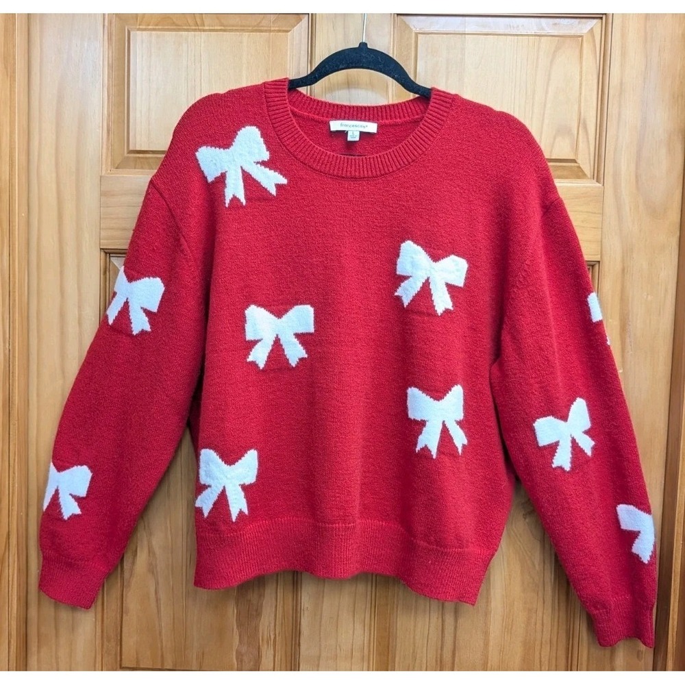 Francesca's Women's Sweater Large Holiday Christmas Red with White Bows